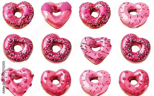 Collection Set of Pink Donut in the Shape of a Hea on transparent background, png photo