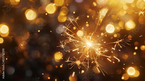 glittering golden sparkler with blurred bokeh lights happy new year celebration background © Bijac