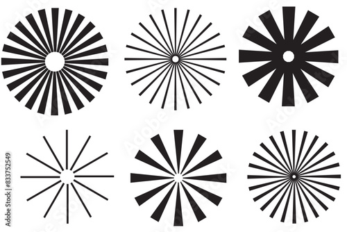Collection of simple black sunbursts isolated on transparent background – Set of minimalist radial frames and round ray patterns