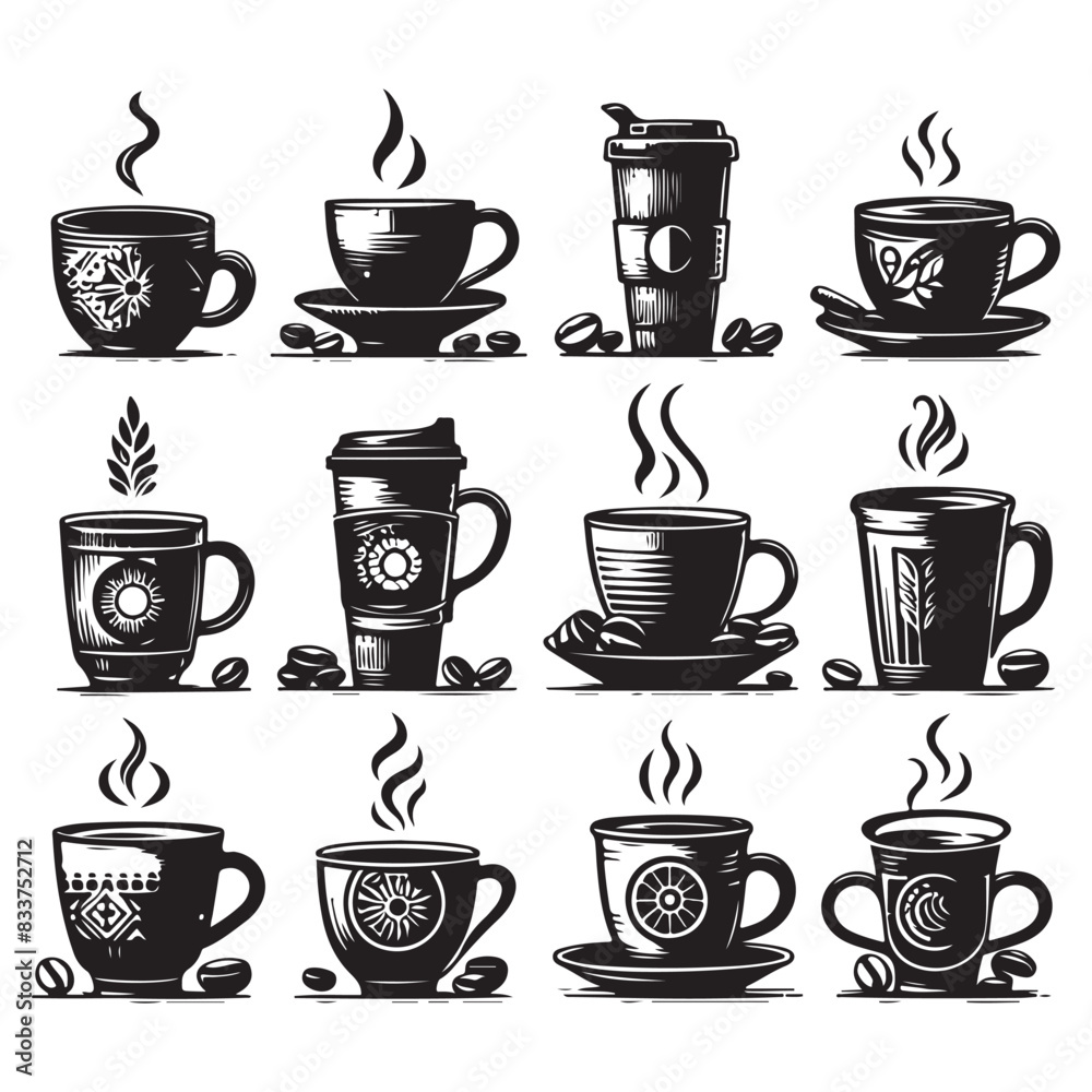 Obraz premium Silhouette set of mugs. Vector isolated illustration