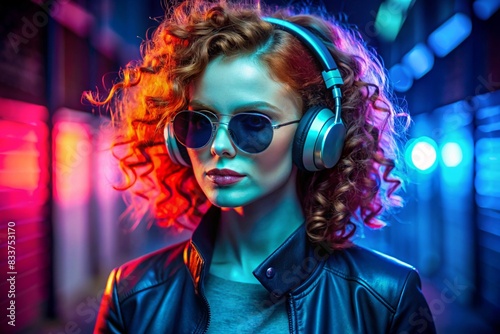 Music lover. A young beautiful girl in sunglasses listens to music in large wireless headphones while standing in a neon tunnel against a background of neon signs.