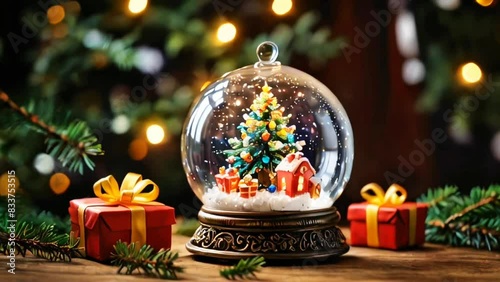 a Christmas tree with beautiful and sparkling lights with gifts underneath and Santa Claus with his train flying around the Christmas tree with a cheerful and happy atmosphere in the background. photo