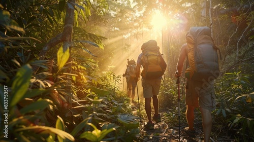 A group of hikers with backpacks walking through a lush forest bathed in morning sunlight.