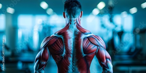 View of human back muscles from behind. Concept Human anatomy, Back muscles, Muscular system, Posterior view, Anatomy illustration photo