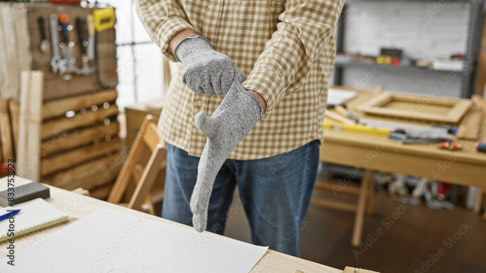 Mature man in checkered shirt putting on gloves in a woodworking workshop