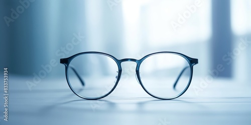 A pair of blue glasses is sitting on a table