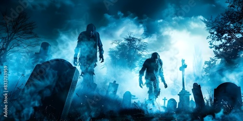 Zombies emerge from dark cemetery with enhanced humanlike qualities. Concept Horror, Zombies, Cemetery, Dark, Humanlikequalities photo