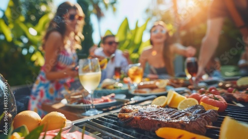 lively barbecue party with diverse group of friends and family enjoying grilled steak and summer fun photo