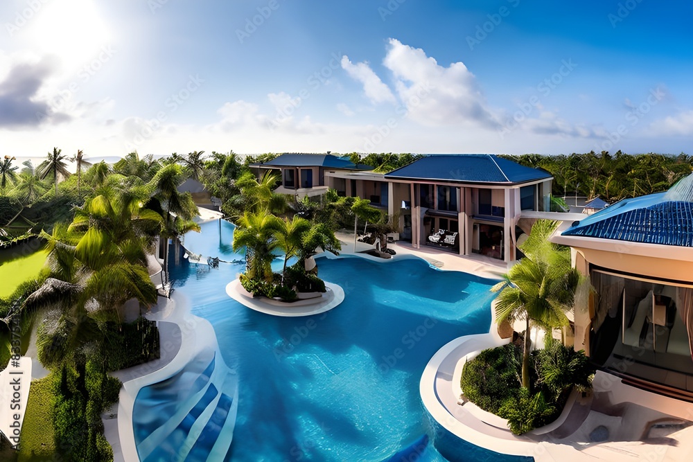 Fototapeta premium A serene pool nestled amidst palm trees at a luxurious resort, offering a tranquil oasis for relaxation and rejuvenation.