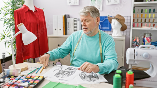 Mature man sketching designs in a tailor shop filled with fabrics and sewing equipment. photo