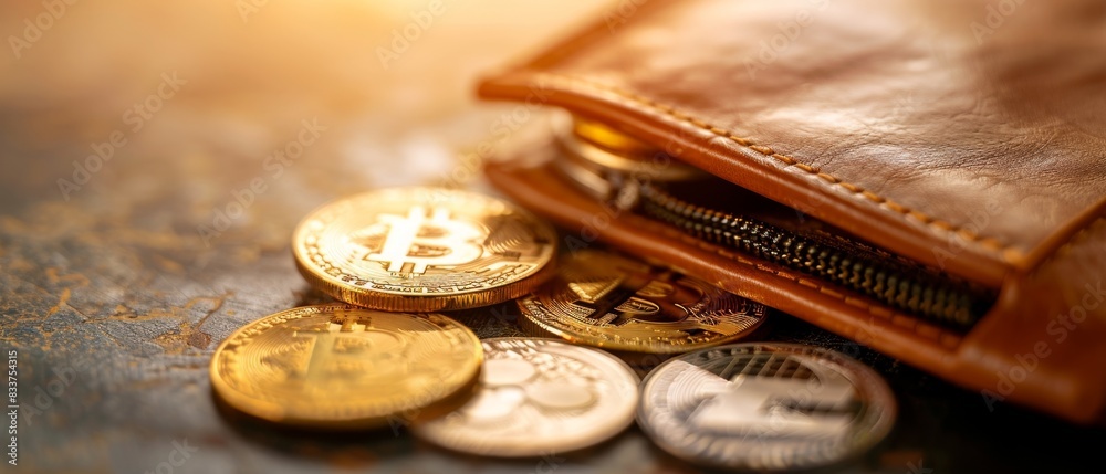 A vibrant, minimalistic image of a digital wallet with cryptocurrency icons, no faces, on an isolated background with space for text