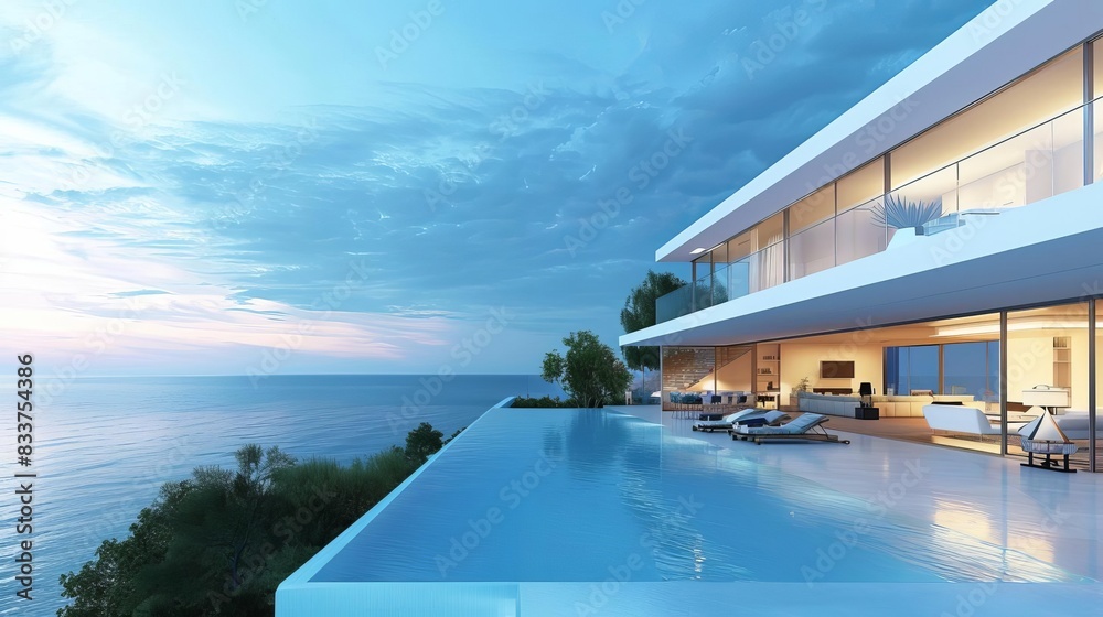Fototapeta premium luxurious modern house with pool and parking overlooking a serene sea or ocean perfect for sale or rent 3d illustration