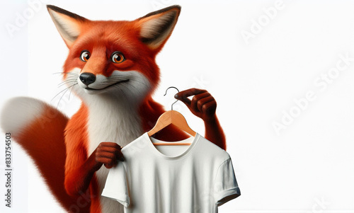 Anthropomorphic red fox holding coathanger with blank white t-shirt and standing isolated on white background. Mockup with copy space for text. photo