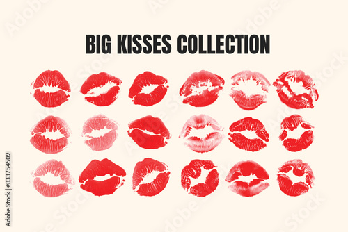 Big vector set of red kisses prints. Red woman lips