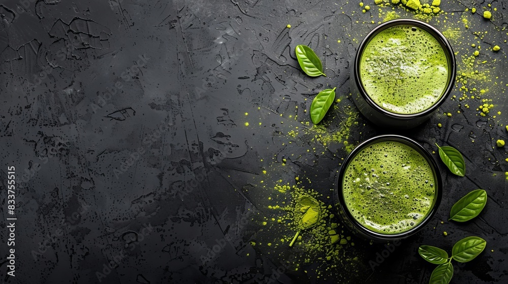 matcha green tea powder and drink on black background organic healthy beverage antioxidant japanese tea closeup with copy space matcha green tea powder and drink on black background organic healthy beverage antioxidant japanese tea closeup with copy space