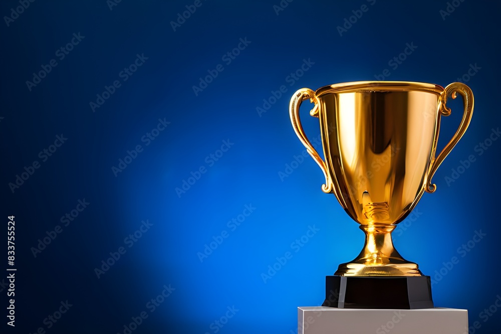 Gold trophy on pedestal against blue background, symbolizing achievement and success. Gold trophy on pedestal against blue background, symbolizing achievement and success.