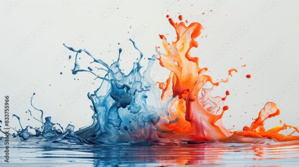 A high-speed photograph of liquid paint being thrown against a white surface, creating a dramatic and visually striking explosion of color and texture. A high-speed photograph of liquid paint being thrown against a white surface, creating a dramatic and visually striking explosion of color and texture.