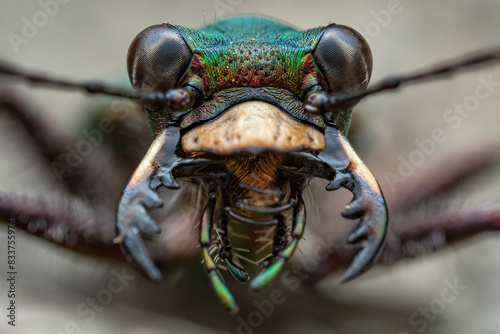 Tigerbeetle (Cicindela sp.) close up head portrait, Lucerne, Switzerland. August. Focus stacked image.  photo