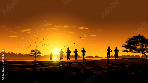 Fitness Enthusiasts Running in Sunset Silhouette silhouette of people walking on the beach at sunset