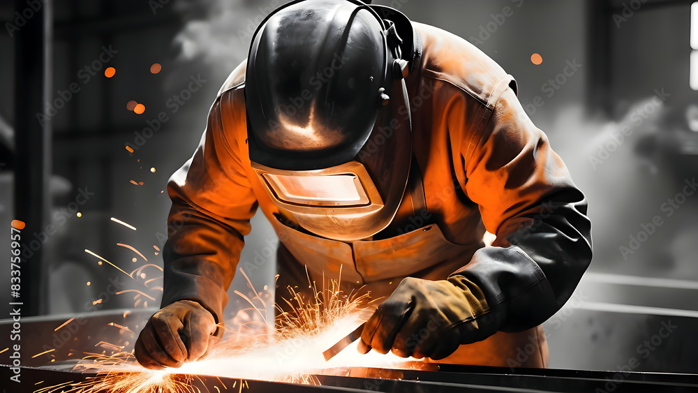 Industrial welder engaged in precise metalwork on a structural project Industrial welder engaged in precise metalwork on a structural project