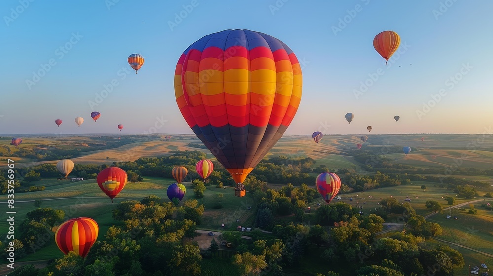 Fototapeta premium A stunning aerial view of a rainbow-colored hot air balloon festival, with dozens of balloons floating against a backdrop of clear blue skies, showcasing a bright and cheerful vist