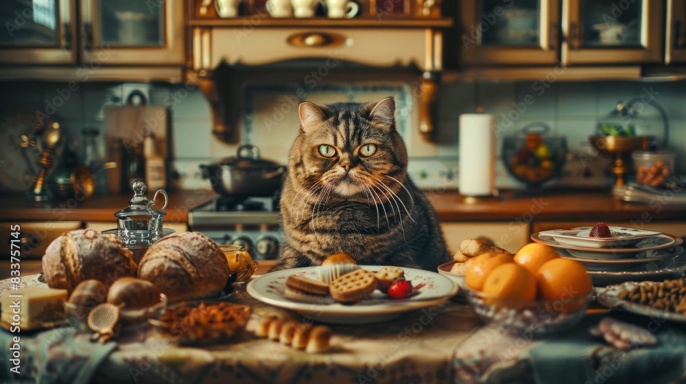 Obraz premium A cat enjoying a gourmet meal, with various pet treats arranged around its bowl in a luxurious kitchen.
