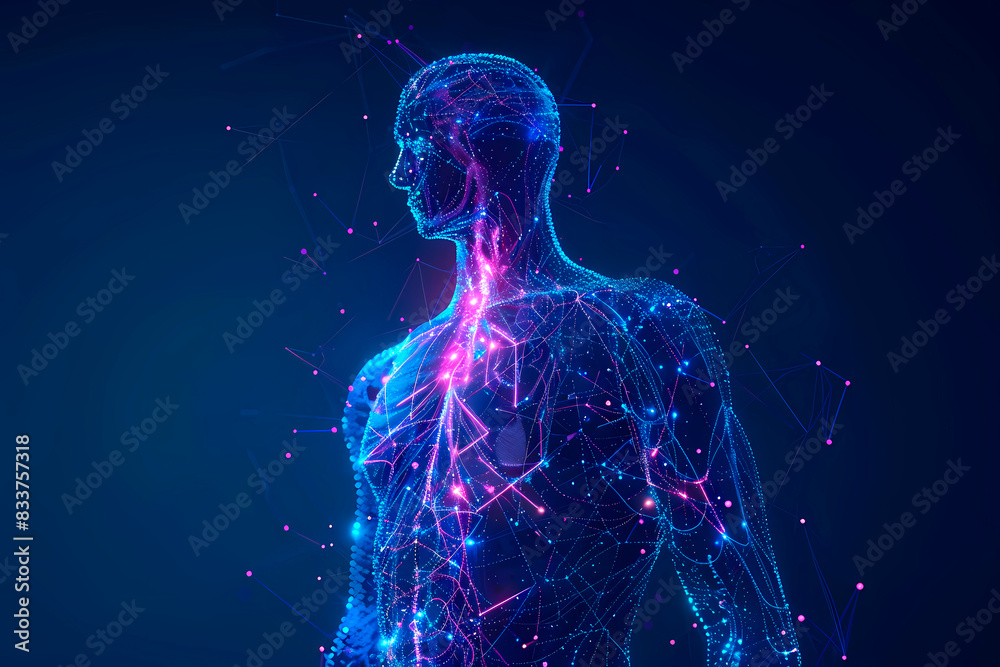 This illustration captures a human silhouette with cybernetic connections and a vibrant network of lines This illustration captures a human silhouette with cybernetic connections and a vibrant network of lines