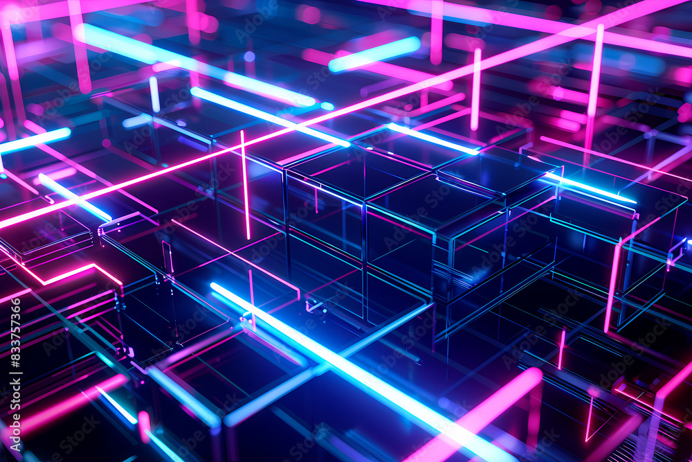 Obraz premium A maze of bright neon light cubes creates an intricate illustration, representing interconnected systems or networks