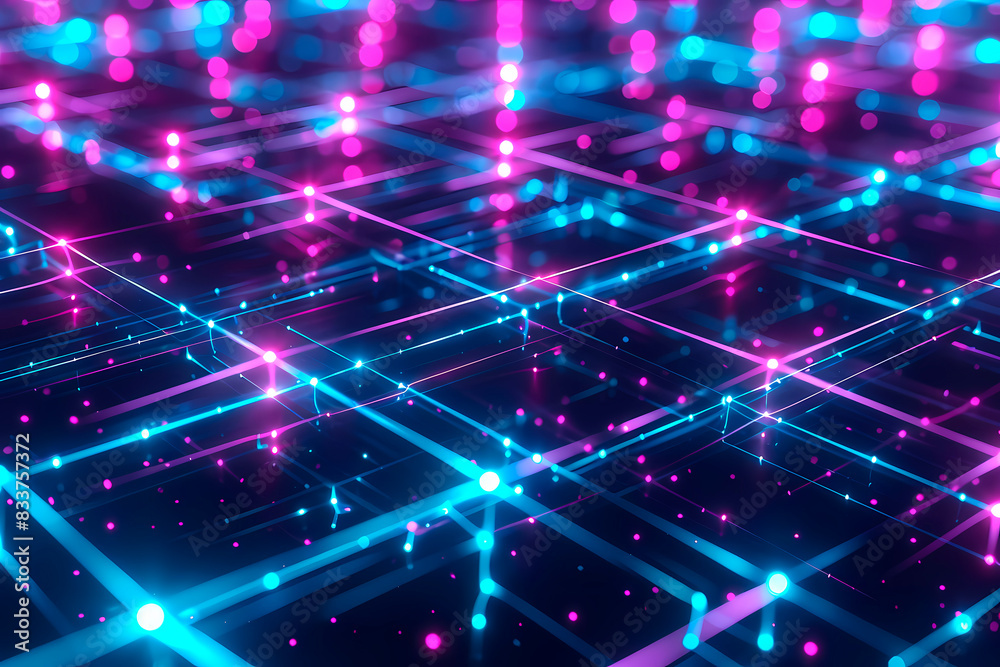 Fototapeta premium This illustration depicts a network of interconnected glowing nodes and lines with vibrant blue and pink colors, representing digital connectivity