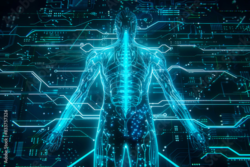 A stunning illustration depicting a digital human anatomy with a glowing skeleton on a backdrop of circuit patterns