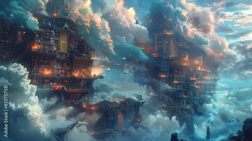 A whimsical, fantastical depiction of a mystical library in the clouds, with towering bookshelves filled with glowing, floating books, and whimsical, flying creatures perched on la photo