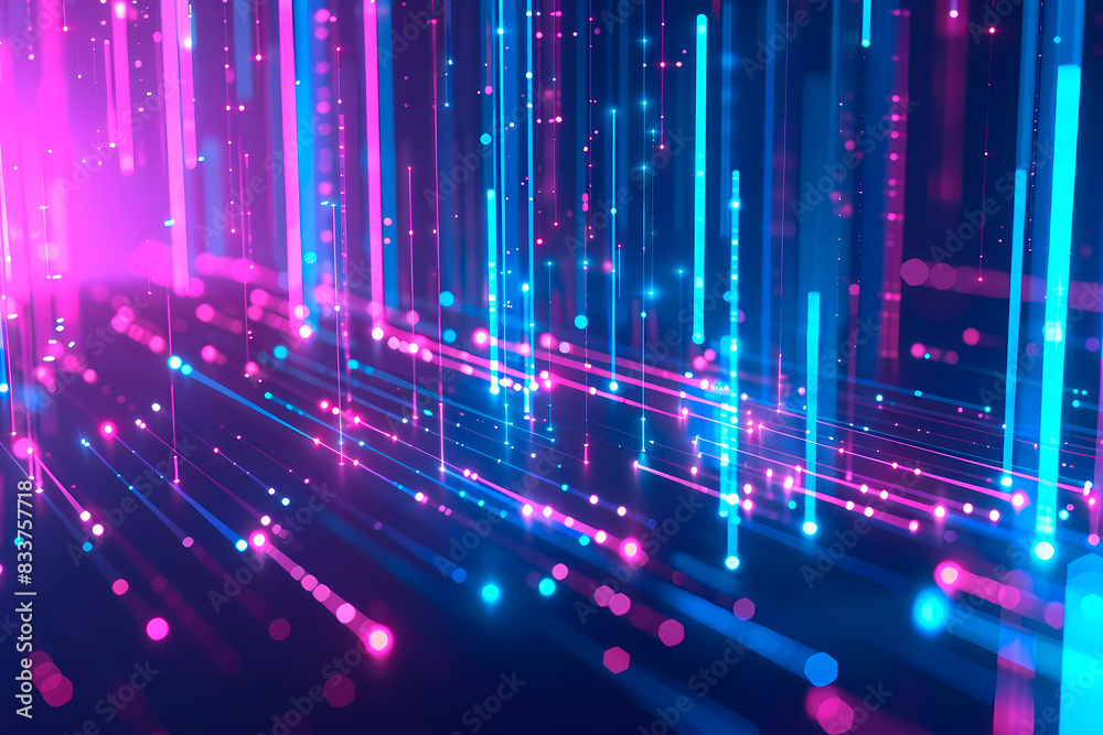 This luminous illustration presents dynamic neon lines with particles against a dark background field This luminous illustration presents dynamic neon lines with particles against a dark background field
