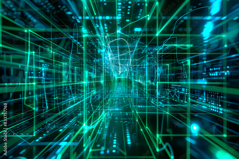 An illustration of a complex digital green grid, conveying a sense of connectivity and advanced network technology An illustration of a complex digital green grid, conveying a sense of connectivity and advanced network technology
