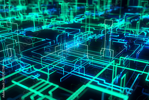Illustration of a futuristic, abstract concept of a city resembling a circuit board with neon blue lights and patterns