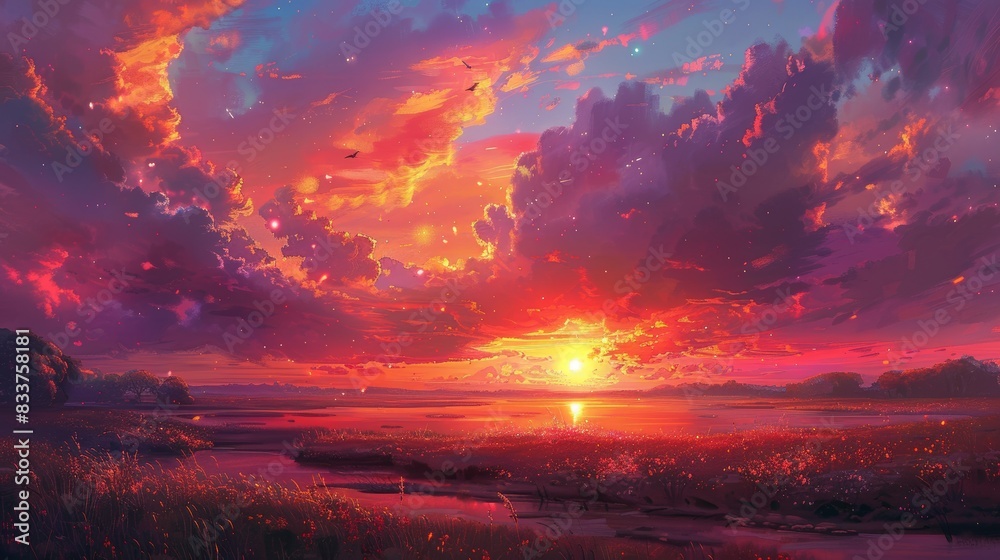 An enchanting sunset scene, with the sky ablaze with hues of pink, orange, and purple, casting a warm glow over a serene landscape, creating a captivating and memorable moment. An enchanting sunset scene, with the sky ablaze with hues of pink, orange, and purple, casting a warm glow over a serene landscape, creating a captivating and memorable moment.