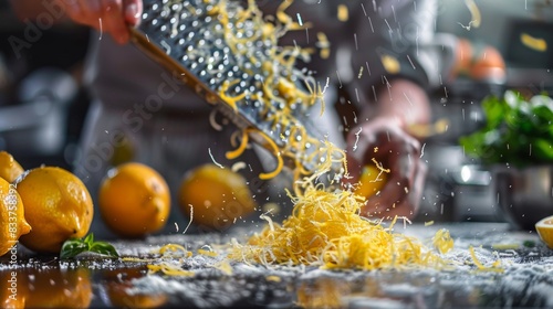 An image of a chef grating zesty, popping zest from a lemon or lime, with the fine zest spiraling out in a vibrant, aromatic shower, adding intense citrus flavor to a dish. photo