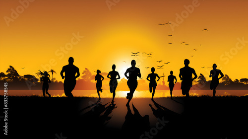 Running Group Silhouette Images,A group of people running in front of a sunset