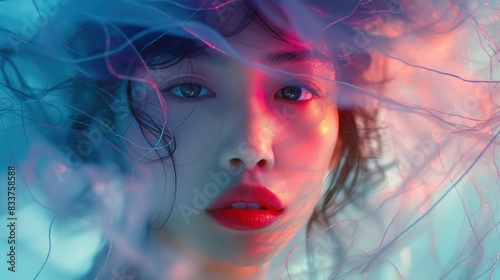 An Asian models face is partially obscured by a translucent veil, creating a dramatic and stylish image