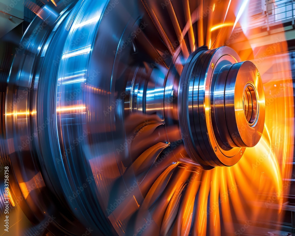 close up of a turbine engine with the blades spinning. close up of a turbine engine with the blades spinning.