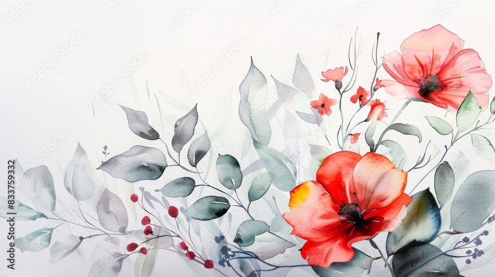 Delicate watercolor floral arrangement painting, white background.