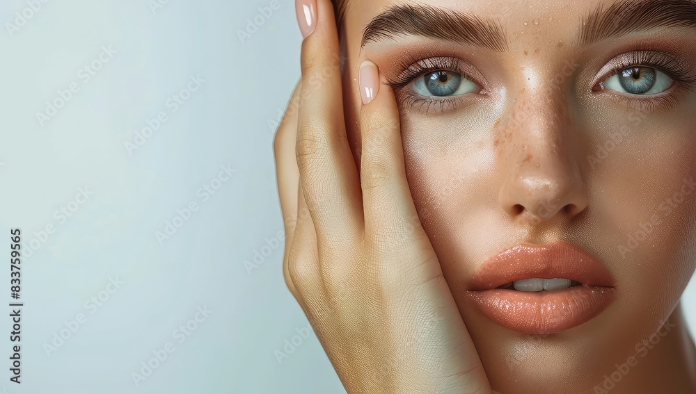 Young woman with acne problem on light background with space for text, close-up. Acne, pimples, hormonal failure, menstruation, acne treatment, squeeze out pimples, cosmetology Young woman with acne problem on light background with space for text, close-up. Acne, pimples, hormonal failure, menstruation, acne treatment, squeeze out pimples, cosmetology
