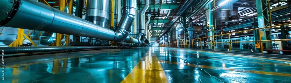 Fototapeta premium factory with blue pipes and a shiny floor.