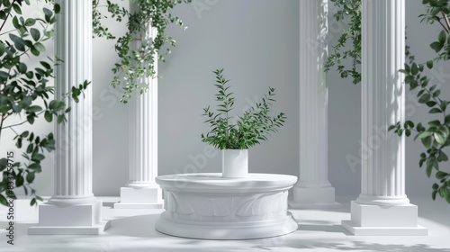 3D Roman/Greek podium for luxury product display. Elegant white marble podium with classic columns. © UMPH.CREATIVE