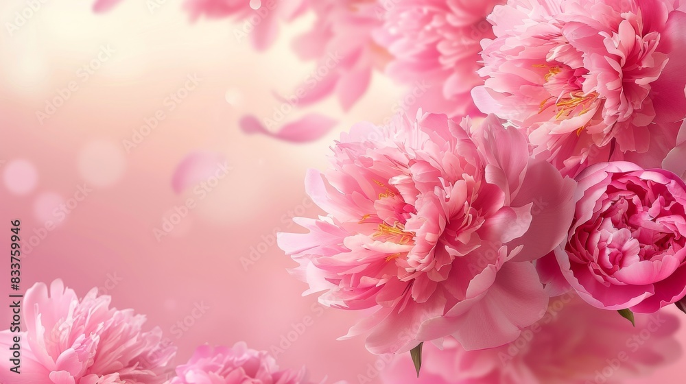 Beautiful pink peonies background image, floral banner, wallpaper. Close-up photo of pink peonies in full bloom, soft bokeh effect.