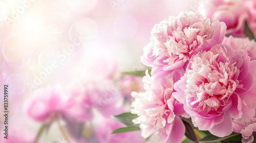 Beautiful pink peonies background image  floral banner  wallpaper. Close-up photo of pink peonies in full bloom  soft bokeh effect.