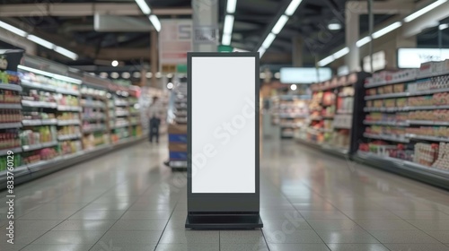 Supermarket advertising mockup template, blank signage display. Empty shelf signage, product display stand, or promotional banner.