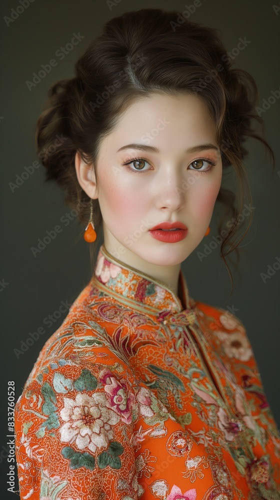A model poses for a fashion photography shoot in a studio, wearing a bright orange dress with intricate embroidery A model poses for a fashion photography shoot in a studio, wearing a bright orange dress with intricate embroidery
