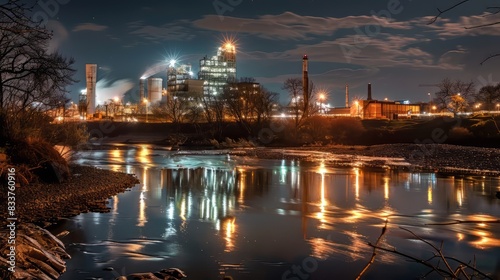 long exposure photograph of an industrial building at night, with a river in front reflecting the lights of the building.