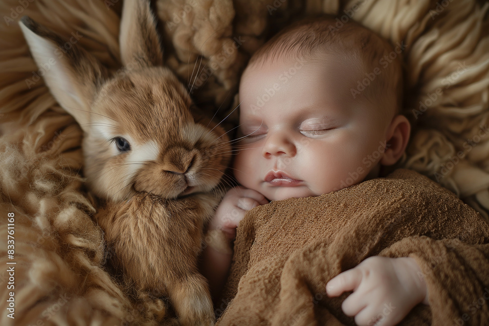 Newborn baby sleeping hugging a rabbit. Infant peacefully naps with a soft bunny. Little treasure, dreaming baby sweet child, cozy sleep. Newborn baby sleeping hugging a rabbit. Infant peacefully naps with a soft bunny. Little treasure, dreaming baby sweet child, cozy sleep.
