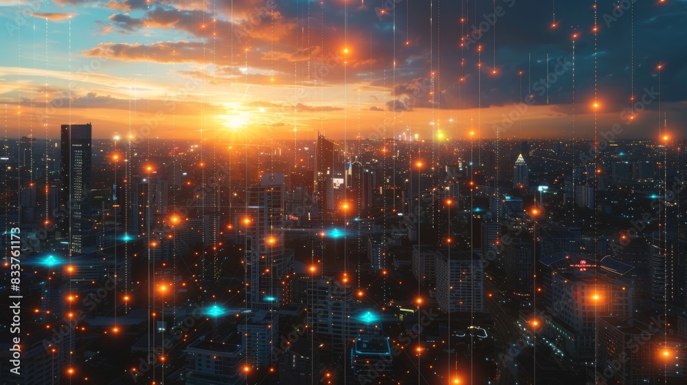 This abstract graphic depicts a smart wireless digital city with a social media network. It represents the future 5G smart wireless digital cities and social media networks. This abstract graphic depicts a smart wireless digital city with a social media network. It represents the future 5G smart wireless digital cities and social media networks.